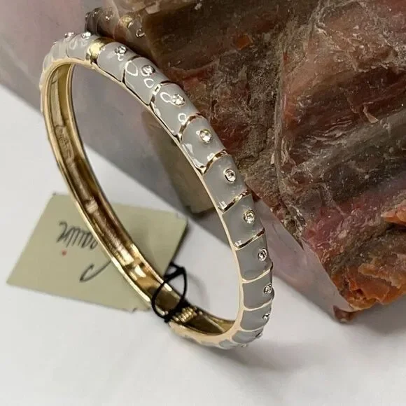 White Enamel Geometric Pattern Accented with Clear Crystals in Gold Hinged NWT - Picture 4 of 7